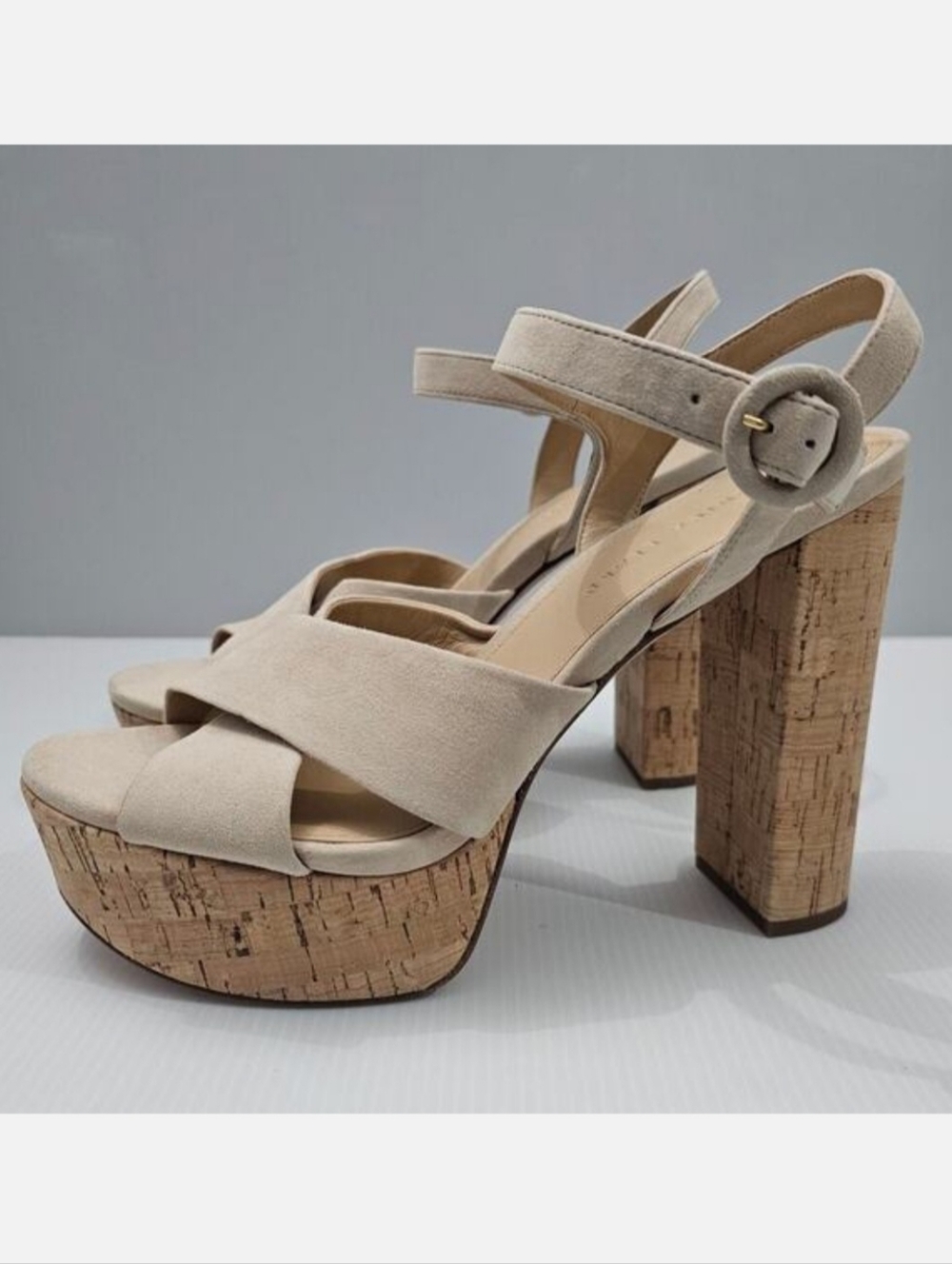 Veronica Beard Lucille Platform Sandal Womens 10 Ecru Suede Cork Block Heel